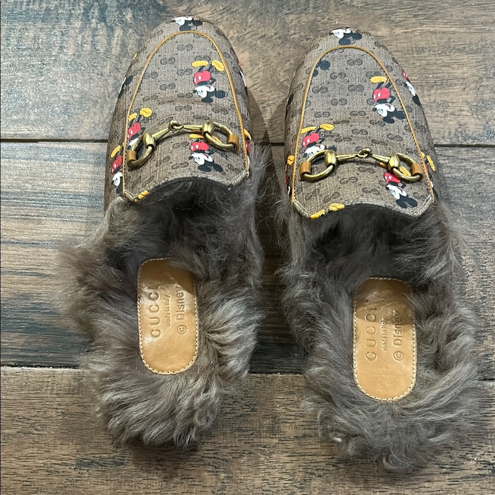 Gucci x Disney Mickey Mouse Fur Lined Princeton Mules Coated Canvas GG EU36 US 6 - Picture 7 of 10